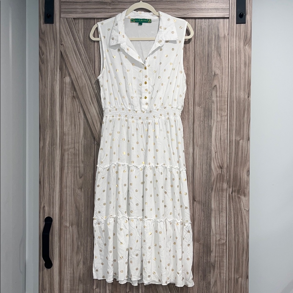 ALEX & PARKER - White and Gold Polka Dot Sleeveless Dress - Size XL